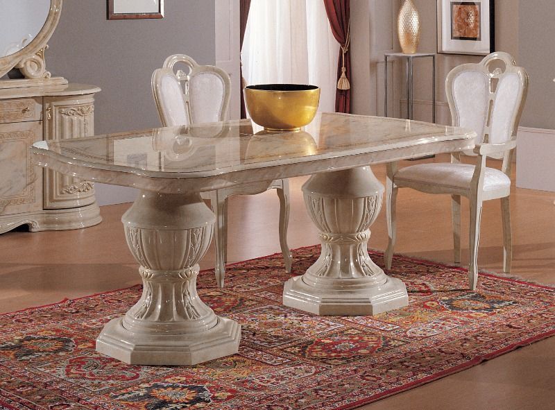 Table à manger rectangulaire extensible bois vernis laqué brillant beige et onyx effet marbré Lesly 185 à 230 cm - Photo n°2