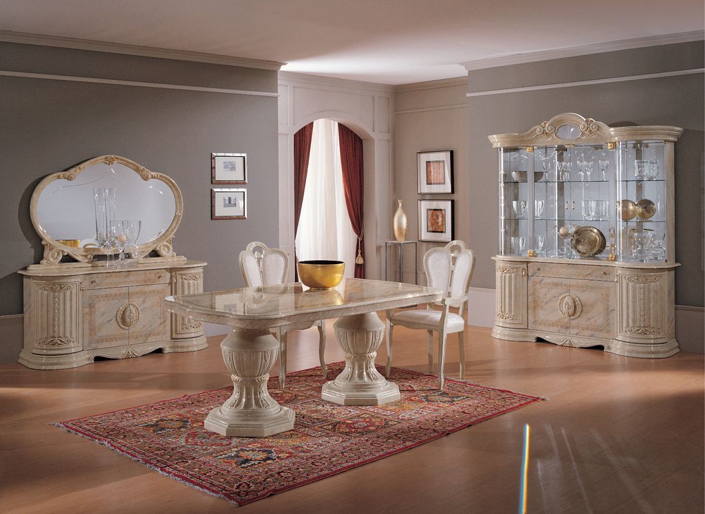 Table à manger rectangulaire extensible bois vernis laqué brillant beige et onyx effet marbré Lesly 185 à 230 cm - Photo n°3