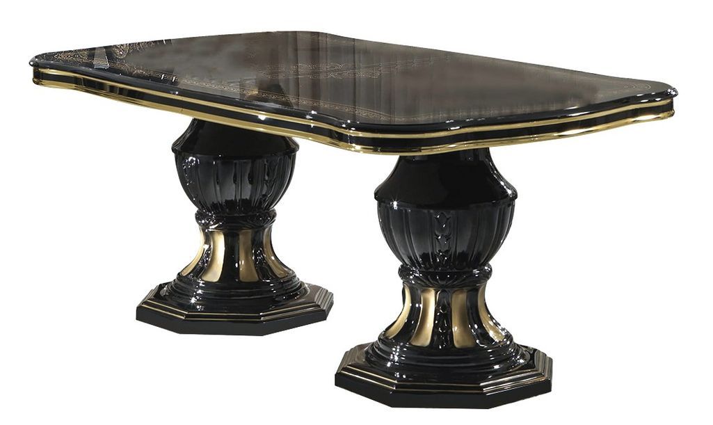 Table à manger rectangulaire extensible bois vernis laqué brillant noir et doré Lesly 185 à 230 cm - Photo n°1