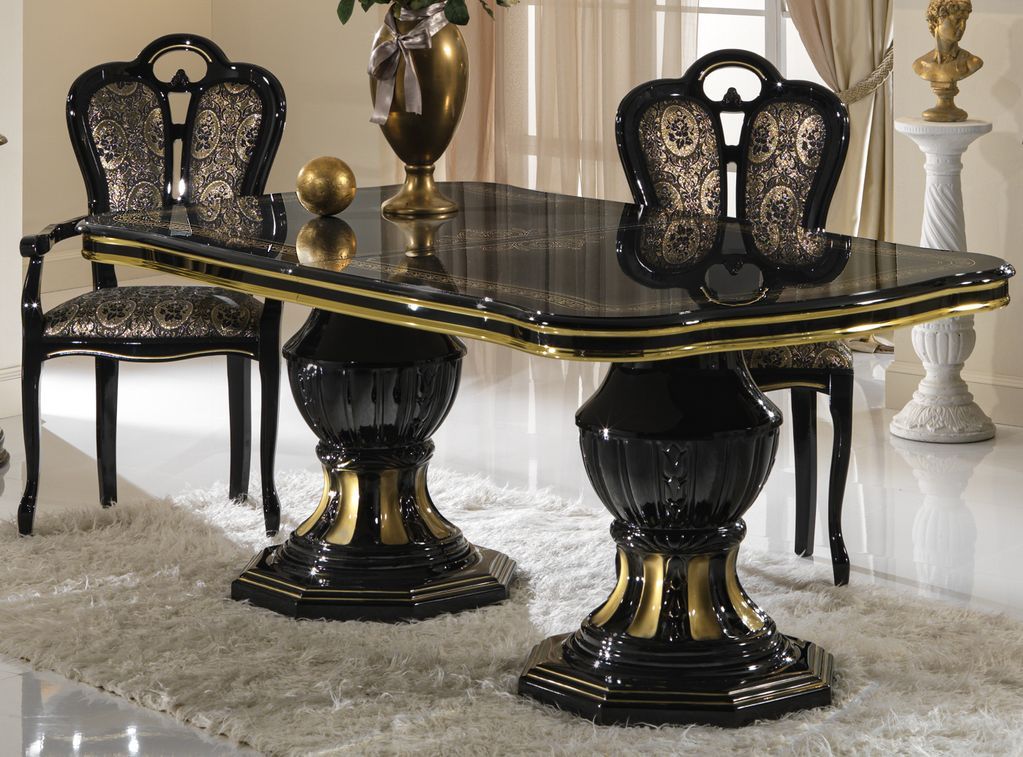 Table à manger rectangulaire extensible bois vernis laqué brillant noir et doré Lesly 185 à 230 cm - Photo n°2