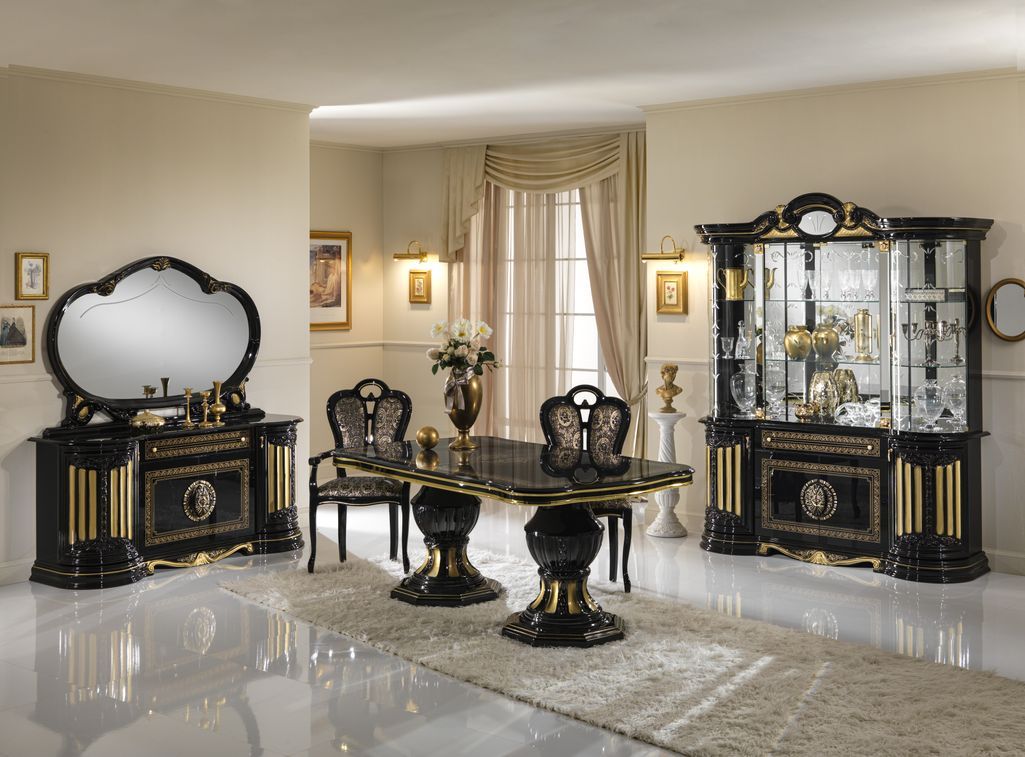 Table à manger rectangulaire extensible bois vernis laqué brillant noir et doré Lesly 185 à 230 cm - Photo n°3