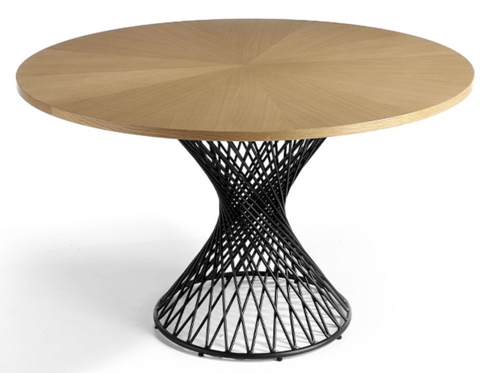 Table à manger ronde bois chêne clair et pieds croisée métalliques noir mat Helzani 137 cm - Photo n°1