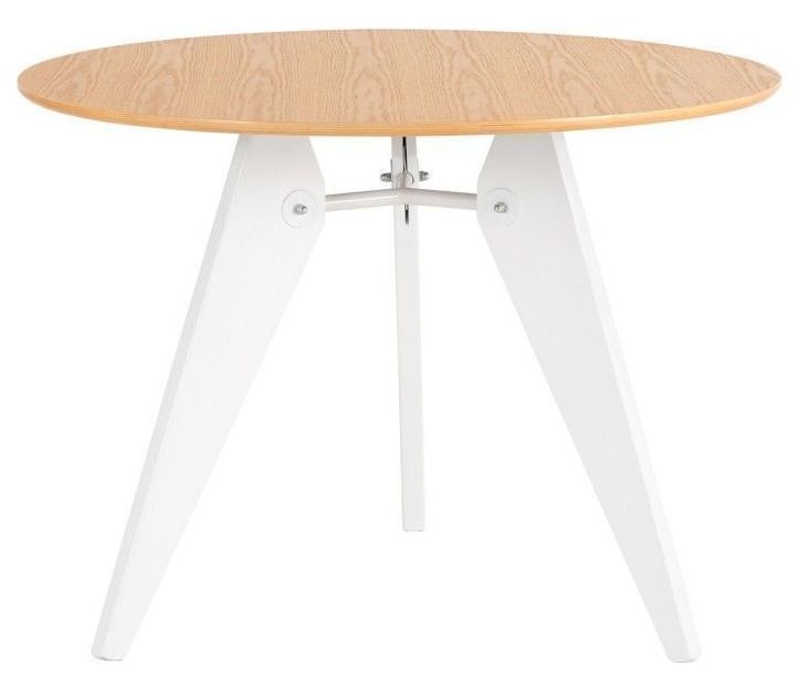 Table à manger ronde bois d'hévéa avec placage chêne et pieds laqué blanc Alino 120 cm - Photo n°5