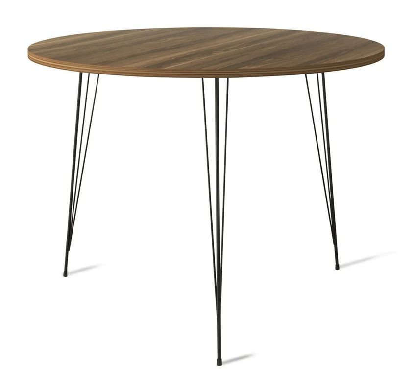 Table à manger ronde bois marron et pieds en forme d'épingles acier noir Kizone 90 cm - Photo n°1