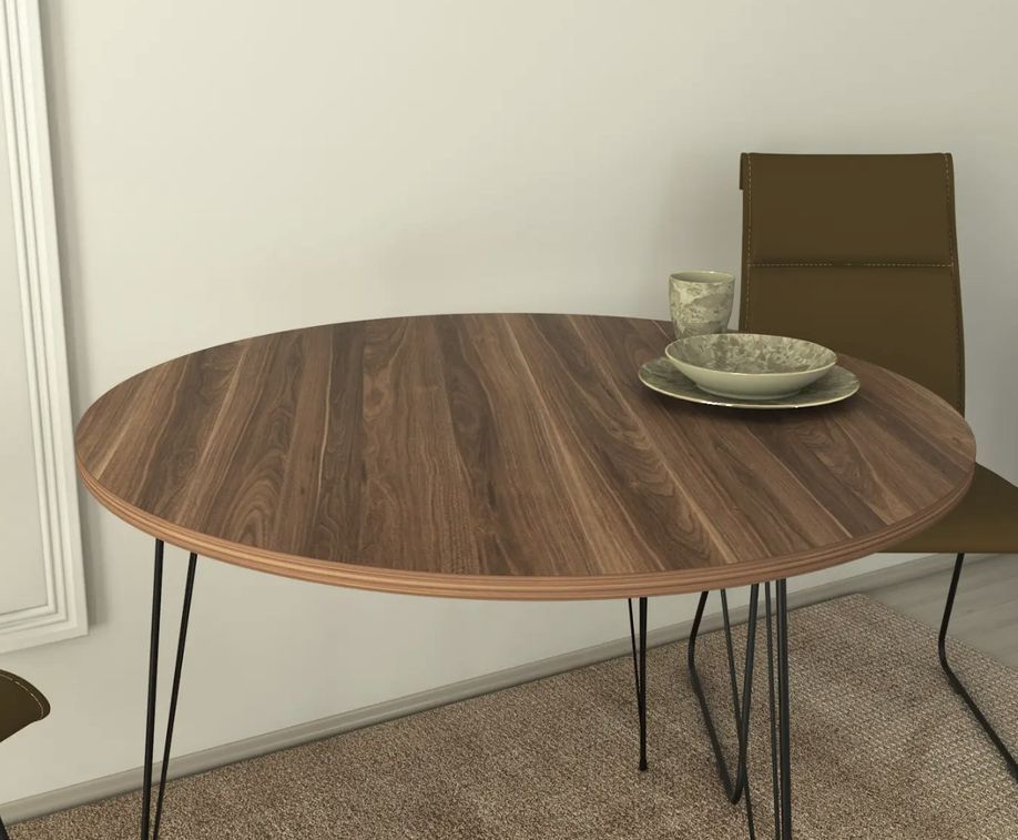 Table à manger ronde bois marron et pieds en forme d'épingles acier noir Kizone 90 cm - Photo n°3