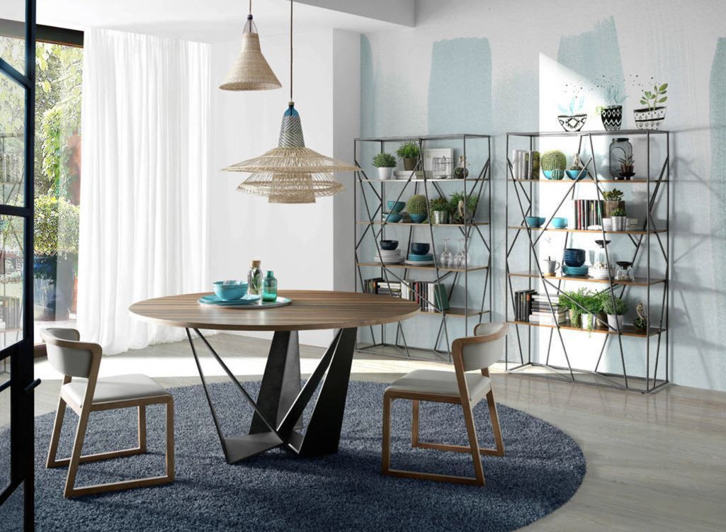 Table à manger ronde design bois noyer et pieds acier noir Bazika 120 cm - Photo n°2