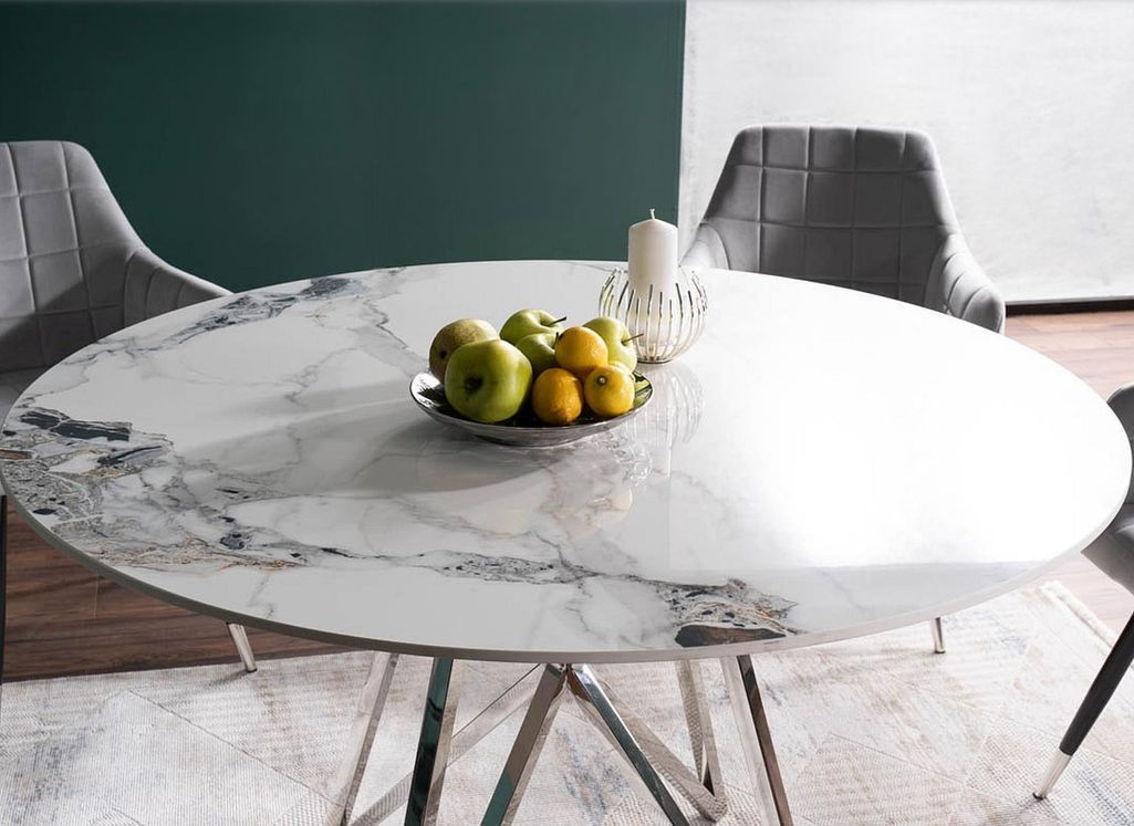 Table à manger ronde design céramique blanc effet marbre et acier chromé Durano 120 cm - Photo n°4