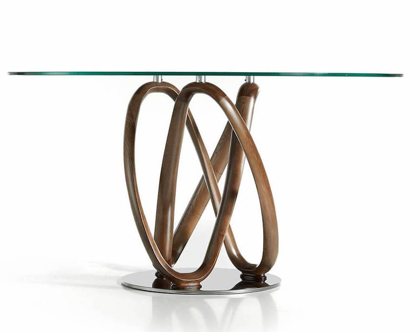 Table à manger ronde design pied torsadé bois couleur noyer et verre transparent Pinta - Photo n°3