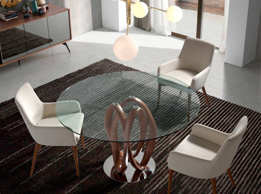 Table à manger ronde design pied torsadé bois couleur noyer et verre transparent Pinta - Photo n°5