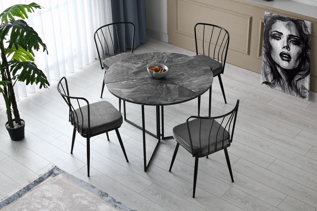 Table à manger ronde pliable bois effet marbre noir et métal noir Sinola 100 cm - Photo n°2