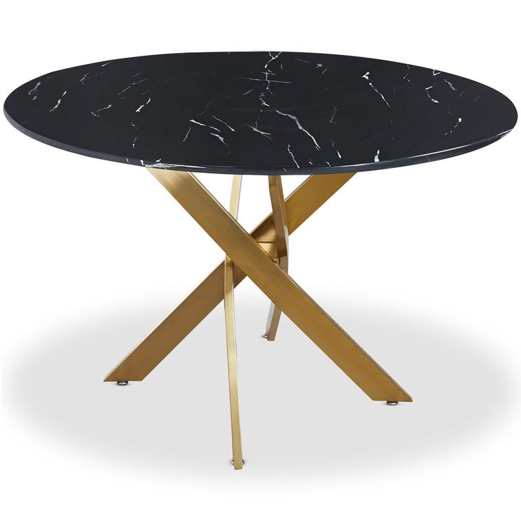 Table à manger ronde verre effet marbre noir et pieds en métal doré Xisor D 120 cm - Photo n°1