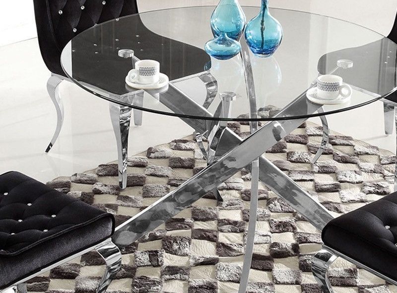 Table à manger ronde verre trempé et acier inoxydable Kroza 110 cm - Photo n°2