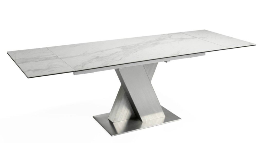 Table à rallonge acier brossé et plateau marbre de porcelaine Futura 170-250 cm - Photo n°1