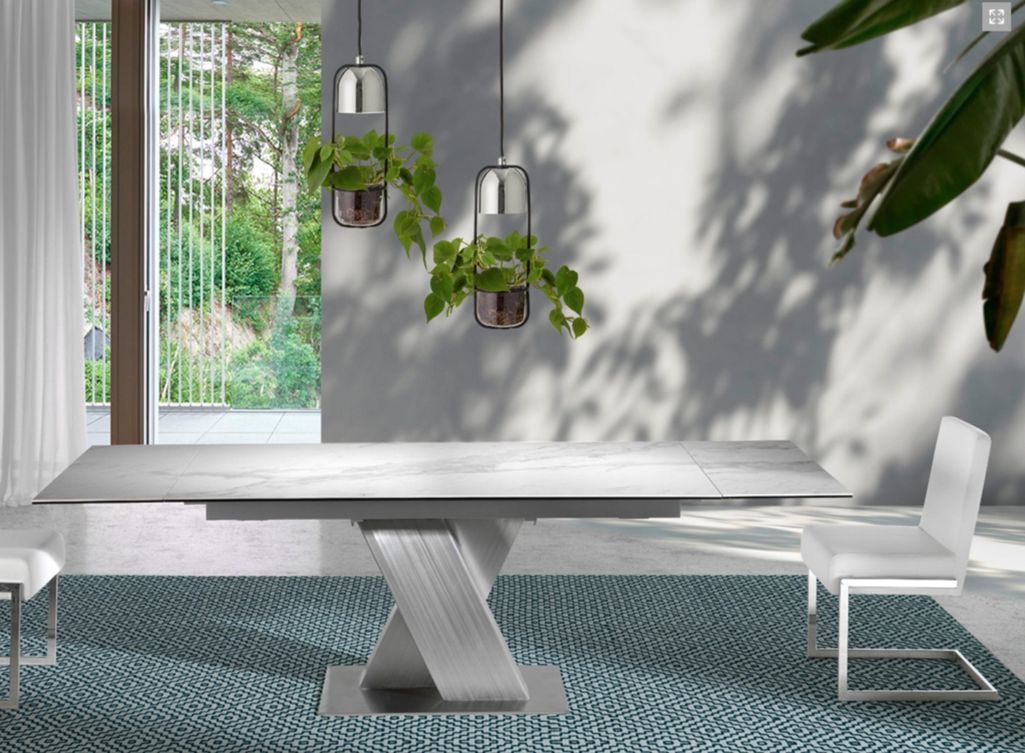 Table à rallonge acier brossé et plateau marbre de porcelaine Futura 170-250 cm - Photo n°5