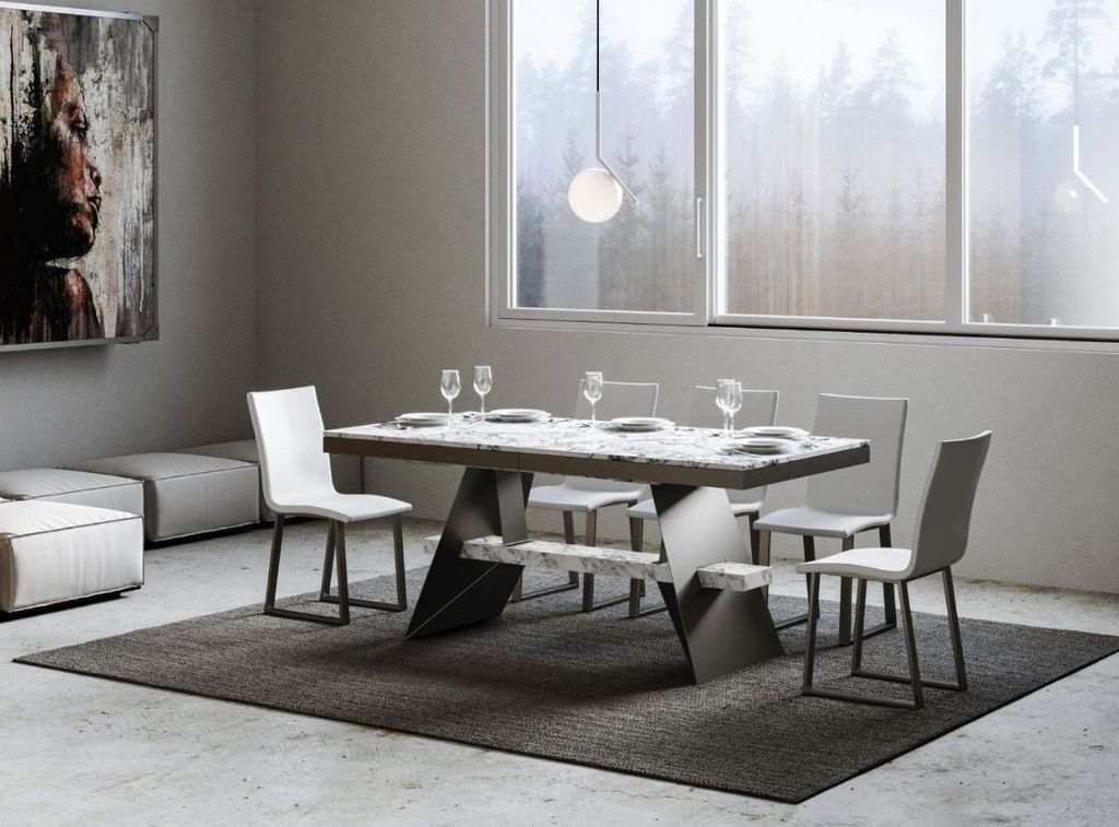 Table à rallonges 6 à 20 places blanc effet marbre avec un cadre et des pieds acier gris foncé 160 à 420 cm Borys - Photo n°2