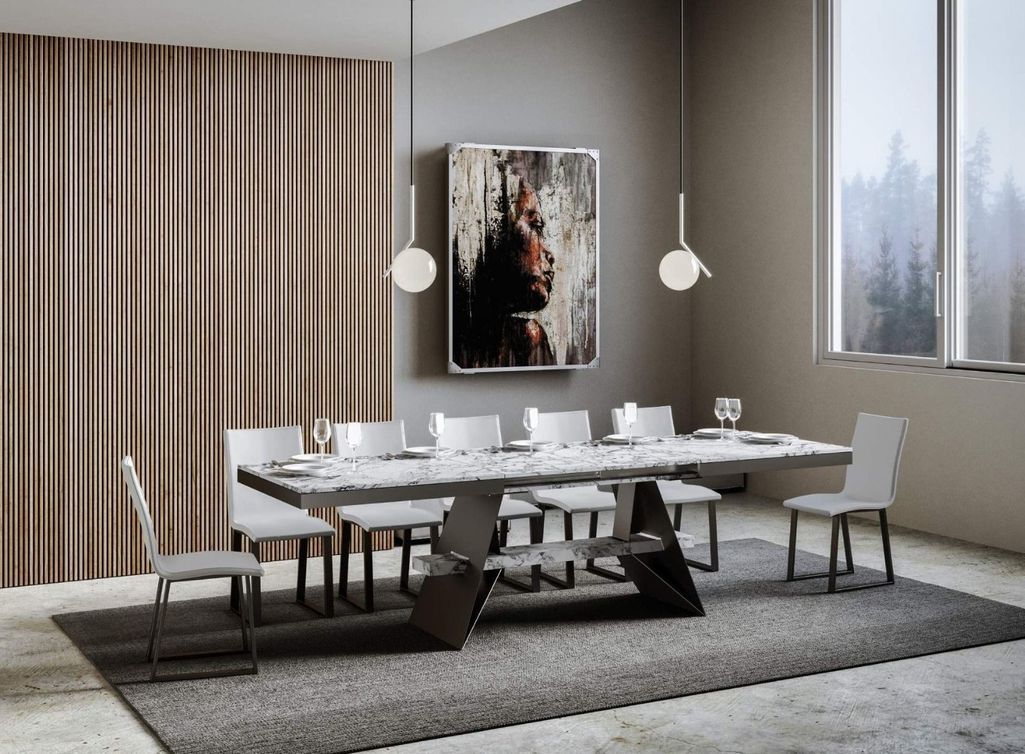 Table à rallonges 6 à 20 places blanc effet marbre avec un cadre et des pieds acier gris foncé 160 à 420 cm Borys - Photo n°3