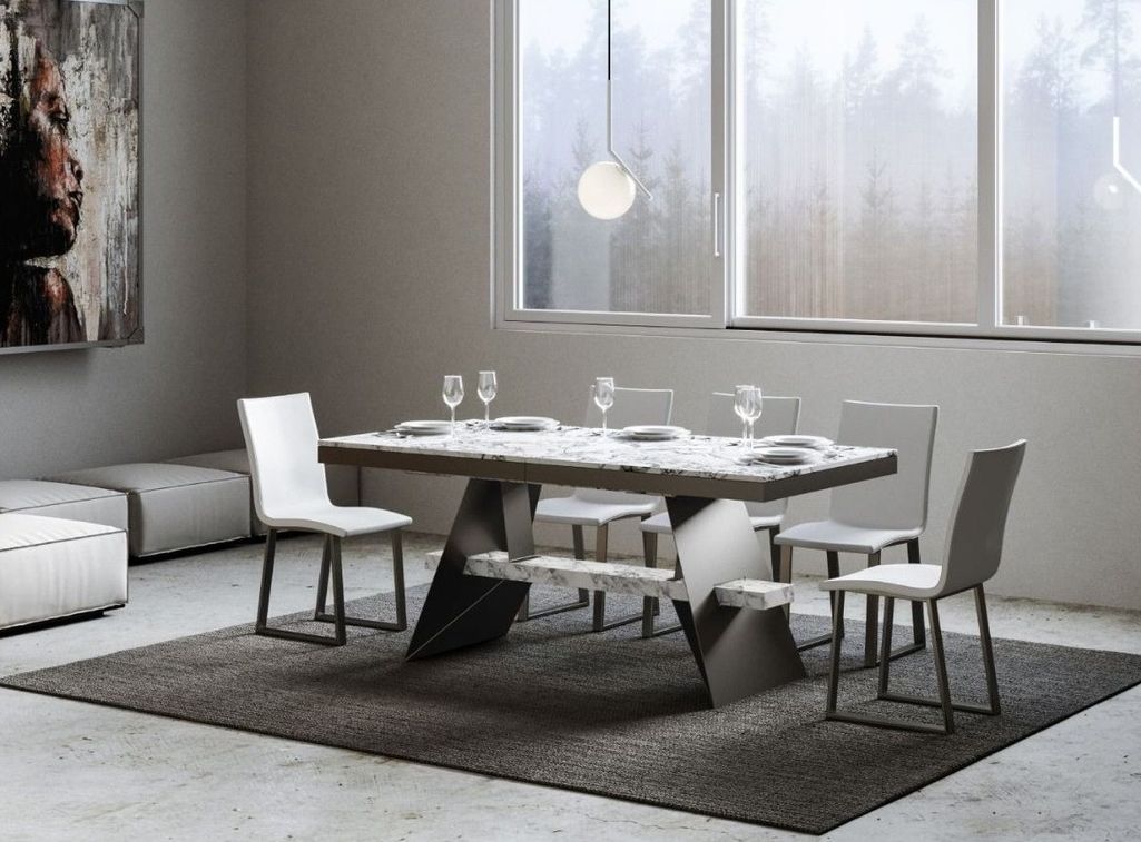 Table à rallonges 8 à 14 places blanc effet marbre béton avec un cadre et des pieds acier gris foncé 180 à 284 cm Borys - Photo n°1