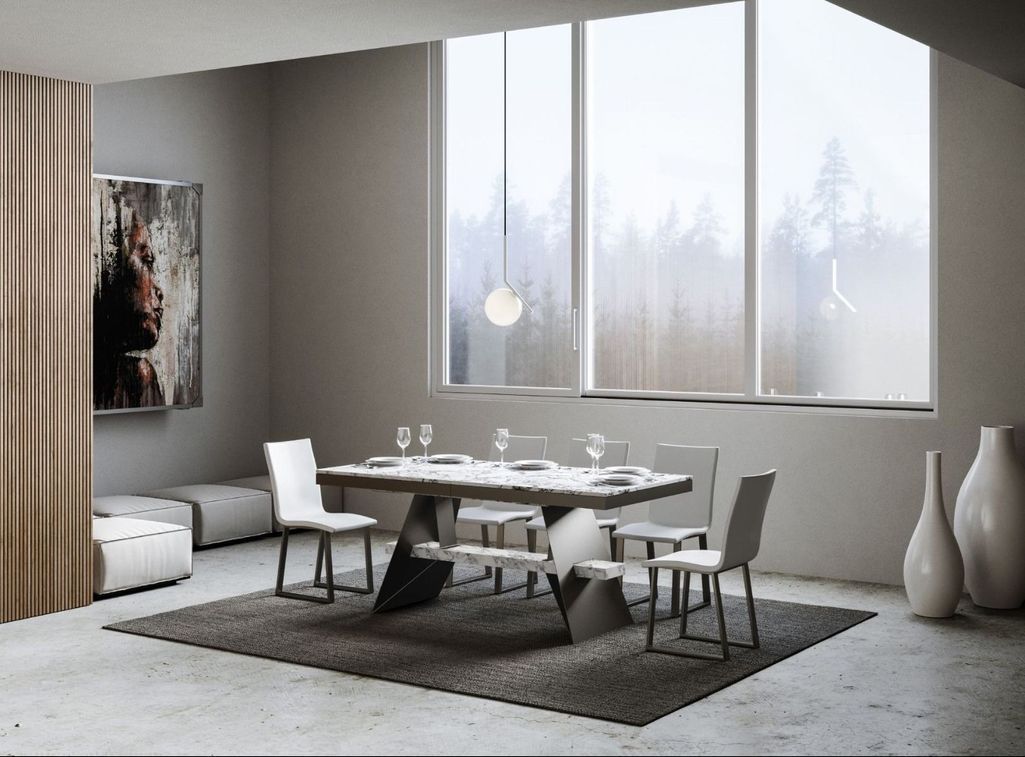 Table à rallonges 8 à 14 places blanc effet marbre béton avec un cadre et des pieds acier gris foncé 180 à 284 cm Borys - Photo n°3