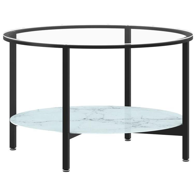Table à thé Noir et marbre blanc 70 cm Verre trempé - Photo n°2