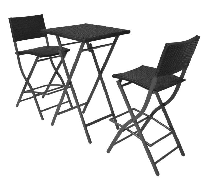 Table bar carrée et 2 chaises de jardin résine tressée noir Klark - Photo n°1