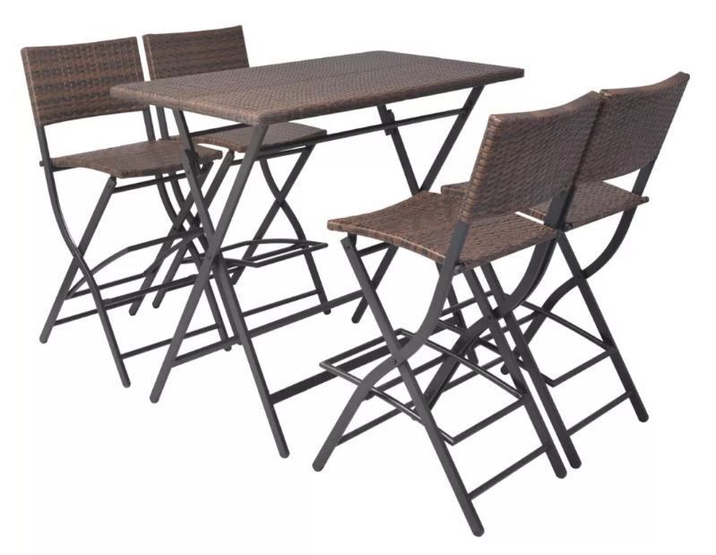 Table bar rectangulaire et 4 chaises de jardin résine tressée marron Klark - Photo n°1