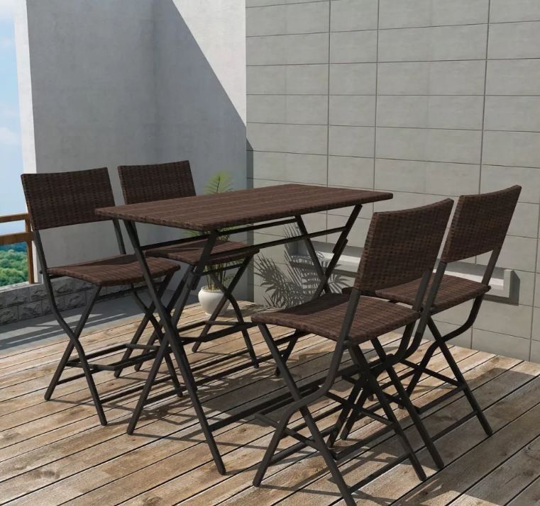 Table bar rectangulaire et 4 chaises de jardin résine tressée marron Klark - Photo n°2