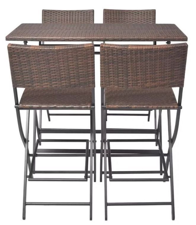 Table bar rectangulaire et 4 chaises de jardin résine tressée marron Klark - Photo n°3