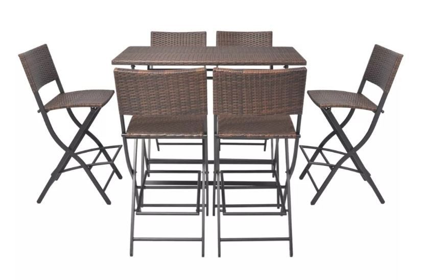 Table bar rectangulaire et 6 chaises de jardin résine tressée marron Klark - Photo n°3