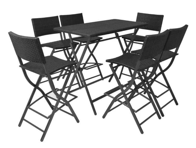 Table bar rectangulaire et 6 chaises de jardin résine tressée noir Klark - Photo n°1