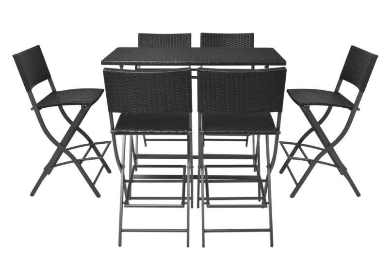Table bar rectangulaire et 6 chaises de jardin résine tressée noir Klark - Photo n°3