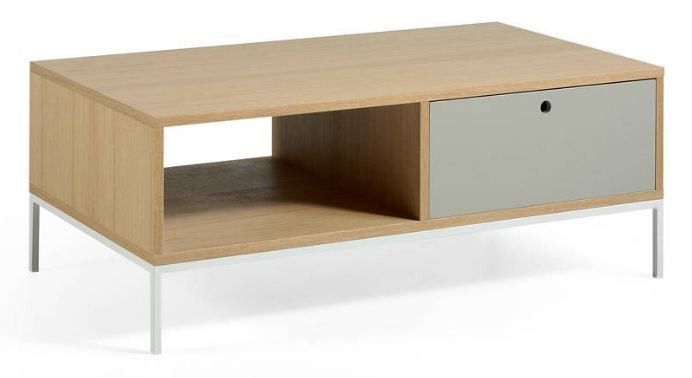 Table basse 1 niche 1 tiroir bois plaqué chêne clair et métal blanc Sandry - Photo n°1