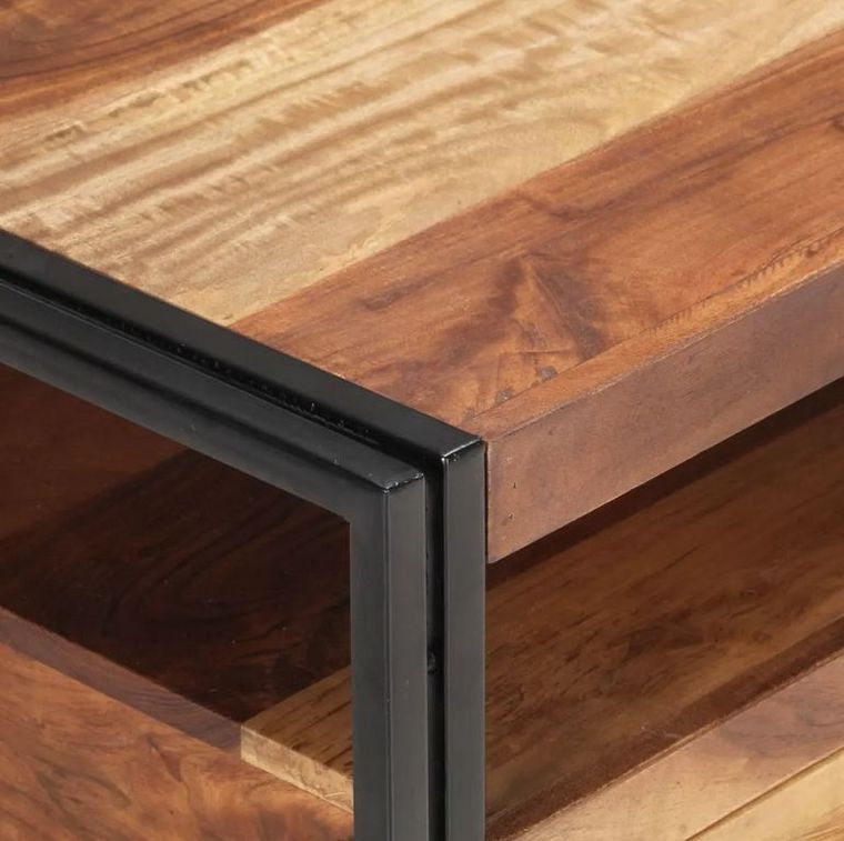 Table basse 2 tiroirs acacia massif foncé et métal noir Milam 100 cm - Photo n°4
