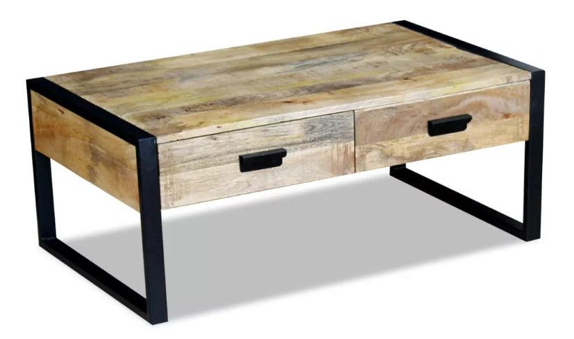 Table basse 2 tiroirs manguier massif clair vieilli et métal noir Grey - Photo n°1