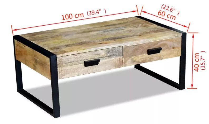 Table basse 2 tiroirs manguier massif clair vieilli et métal noir Grey - Photo n°4