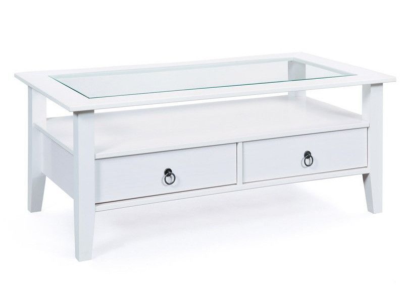 Table basse 2 tiroirs pin massif vernis blanc Prince 115 cm - Photo n°1