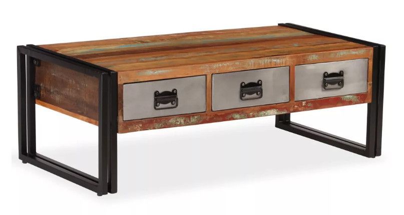Table basse 3 tiroirs bois massif recyclé et métal noir Boust - Photo n°1