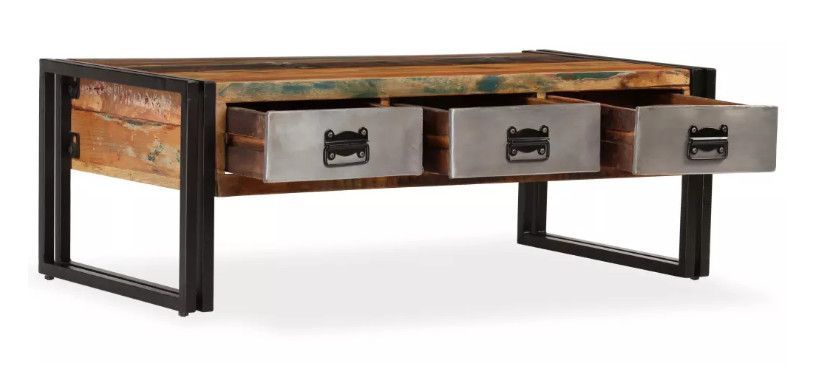 Table basse 3 tiroirs bois massif recyclé et métal noir Boust - Photo n°4