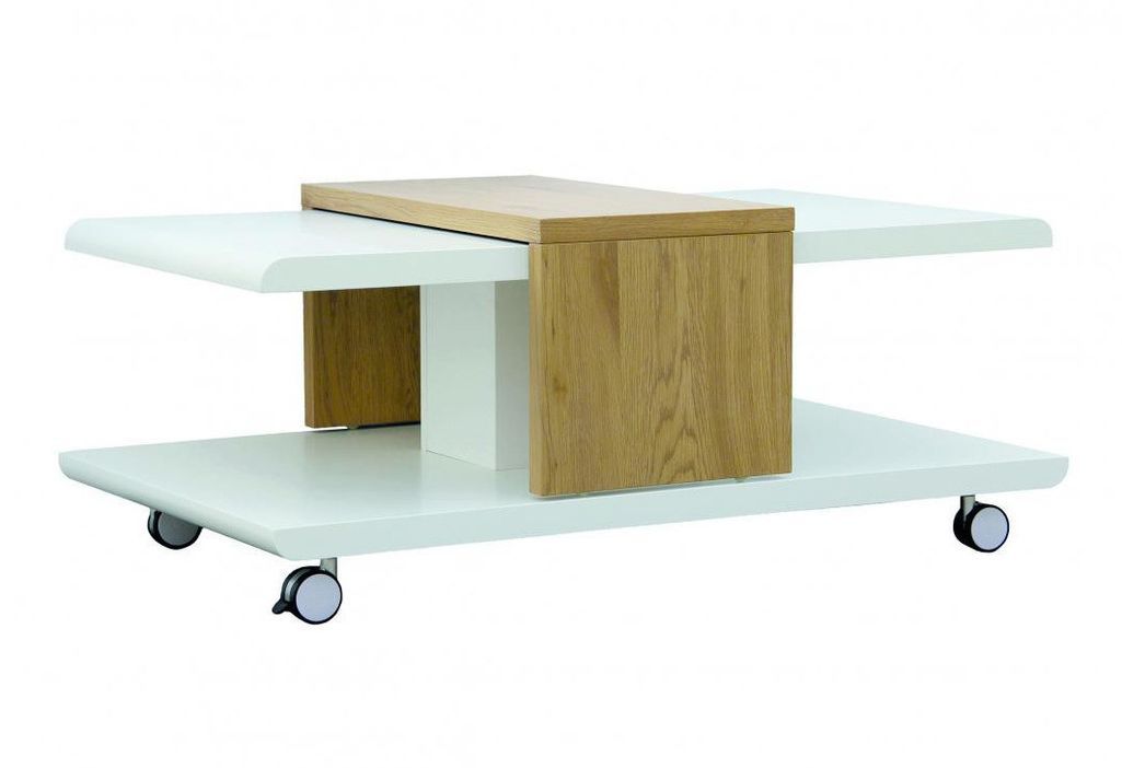 Table basse à roulettes bois blanc et chêne clair Toji 110 cm - Photo n°1