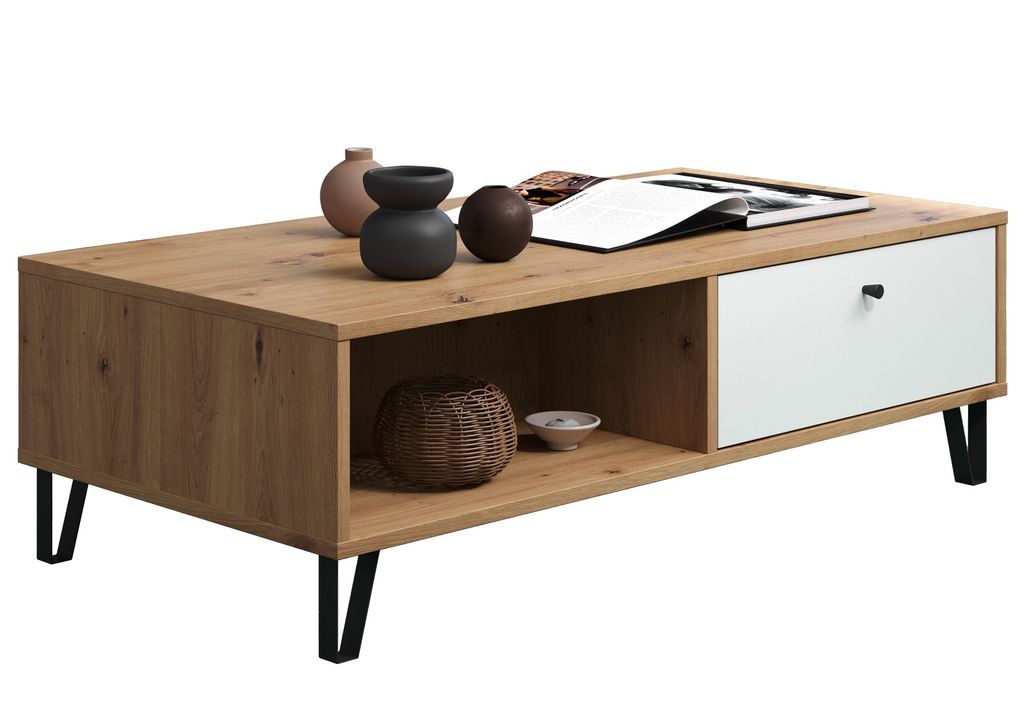 Table basse avec tiroirs chêne artisan et blanc mat Kidou 100 cm - Photo n°1