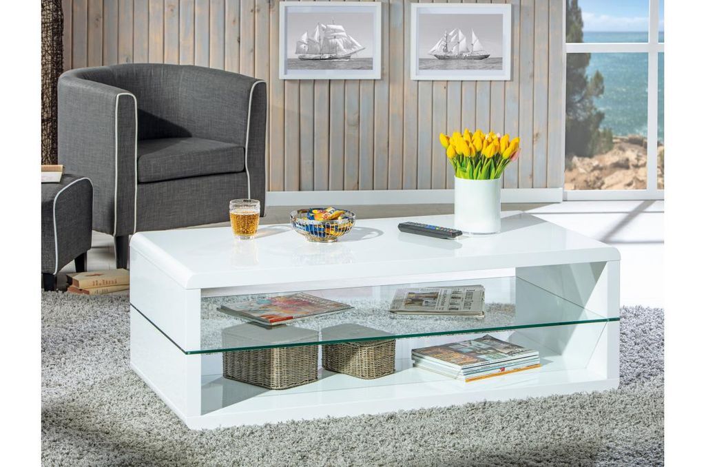Table basse bois laqué blanc et verre Xona 120 cm - Photo n°3
