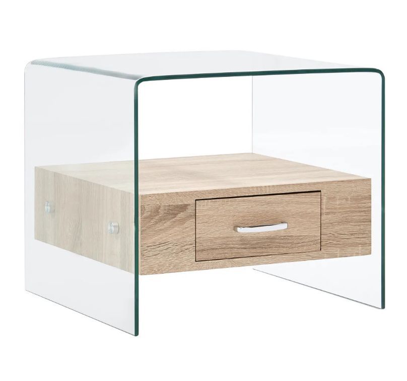 Table basse carrée 1 tiroir verre transparent et chêne clair Allissa - Photo n°1