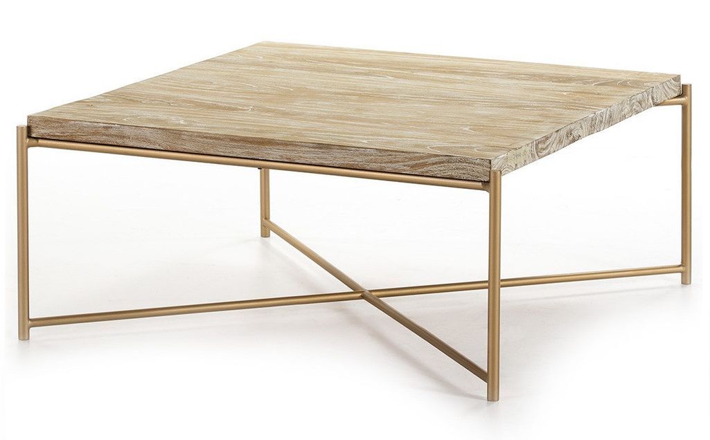 Table basse carrée bois clair et pieds métal doré 90 cm - Photo n°1