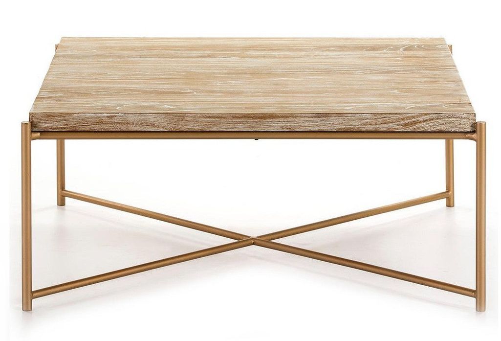 Table basse carrée bois clair et pieds métal doré 90 cm - Photo n°2