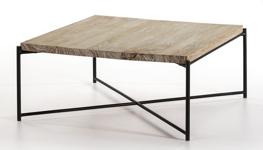Table basse carrée bois massif clair et pieds métal noir 90 cm - Photo n°1