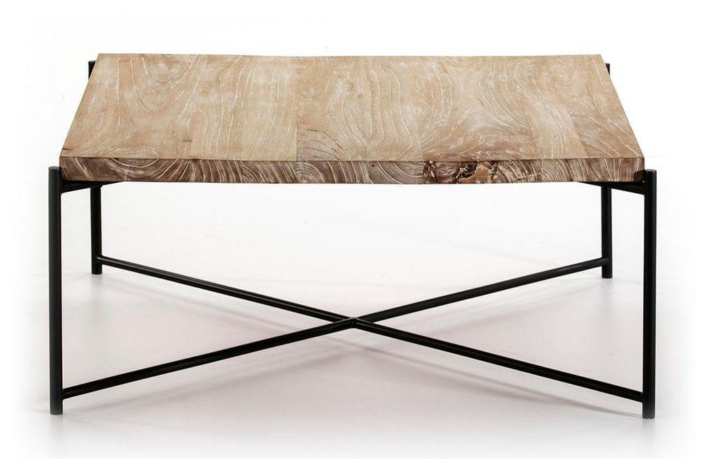 Table basse carrée bois massif clair et pieds métal noir 90 cm - Photo n°2