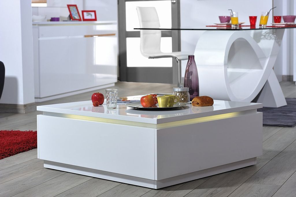 Table basse carrée lumineuse bois laqué blanc Kela 90 cm - Photo n°10
