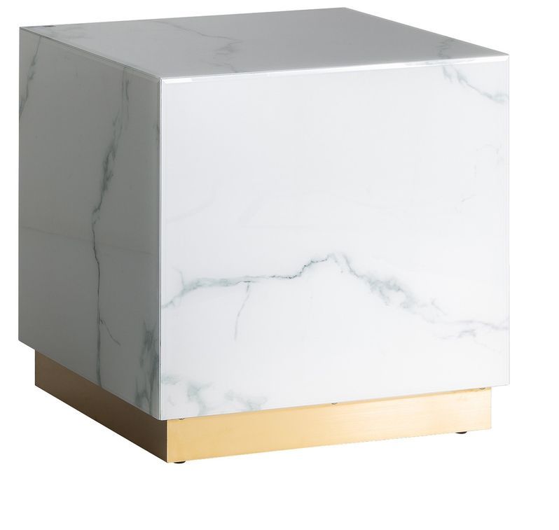 Table d'appoint carrée verre cristal teinté blanc marbré et acier doré Kola 60 cm - Photo n°1