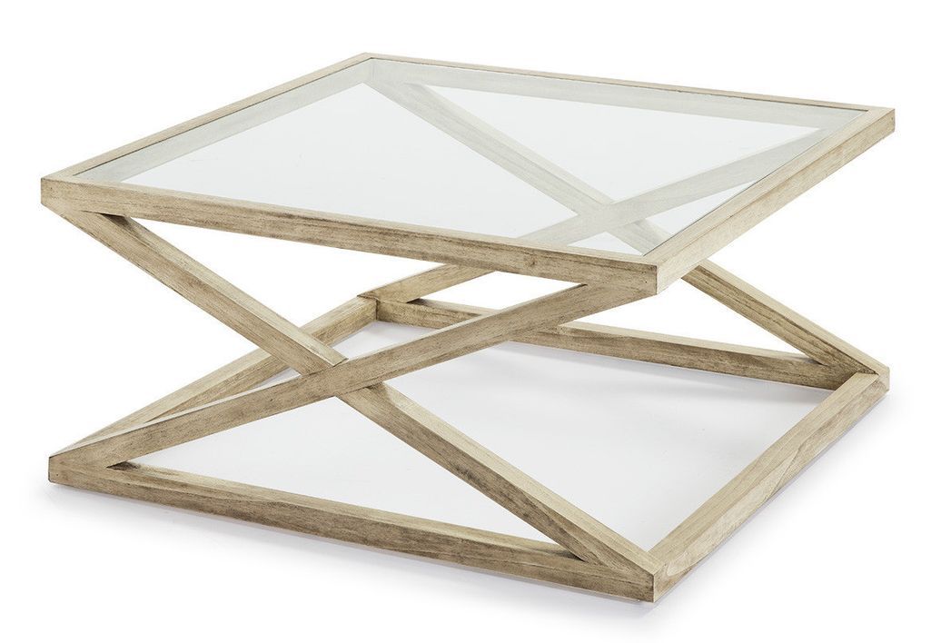 Table basse carrée verre transparent et bois clair voilé 90 cm - Photo n°1