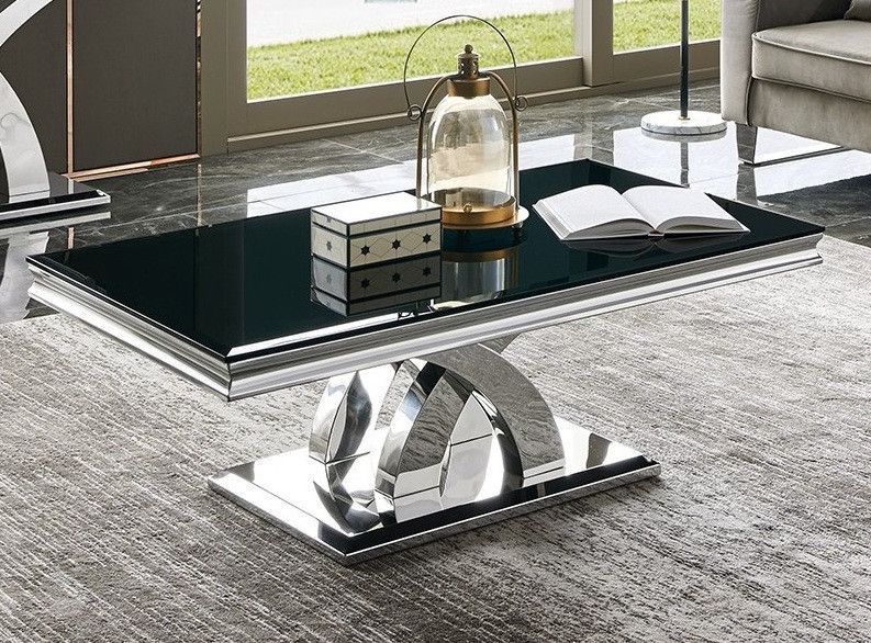 Table basse design acier inoxydable poli et verre trempé noir Milla 130 cm - Photo n°1