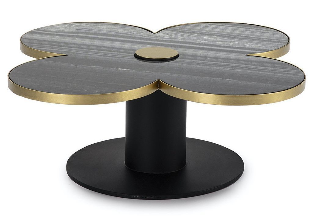 Table basse design trèfle à 4 feuilles granite et pieds métal noir - Photo n°1